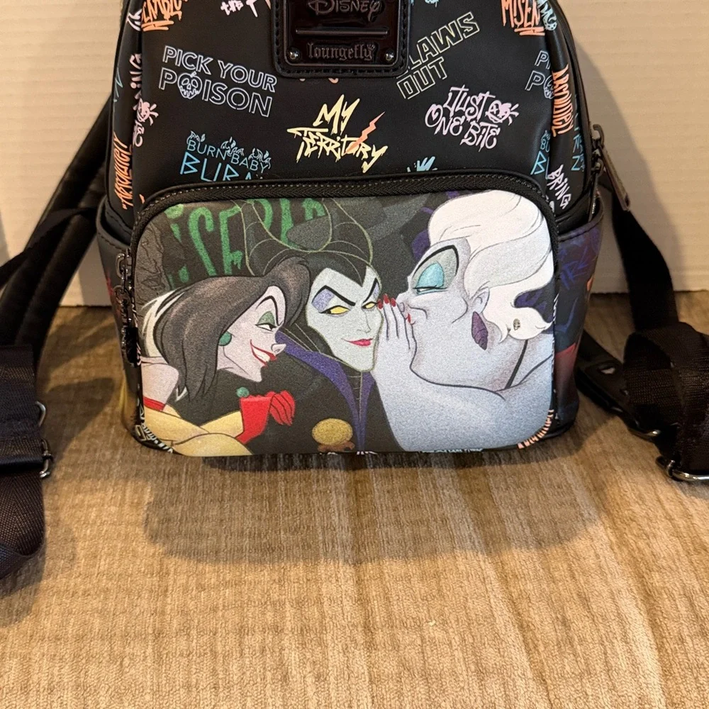 Disney lounge fly Black &Purple Villains Backpack withCruella Ursula, maleficent